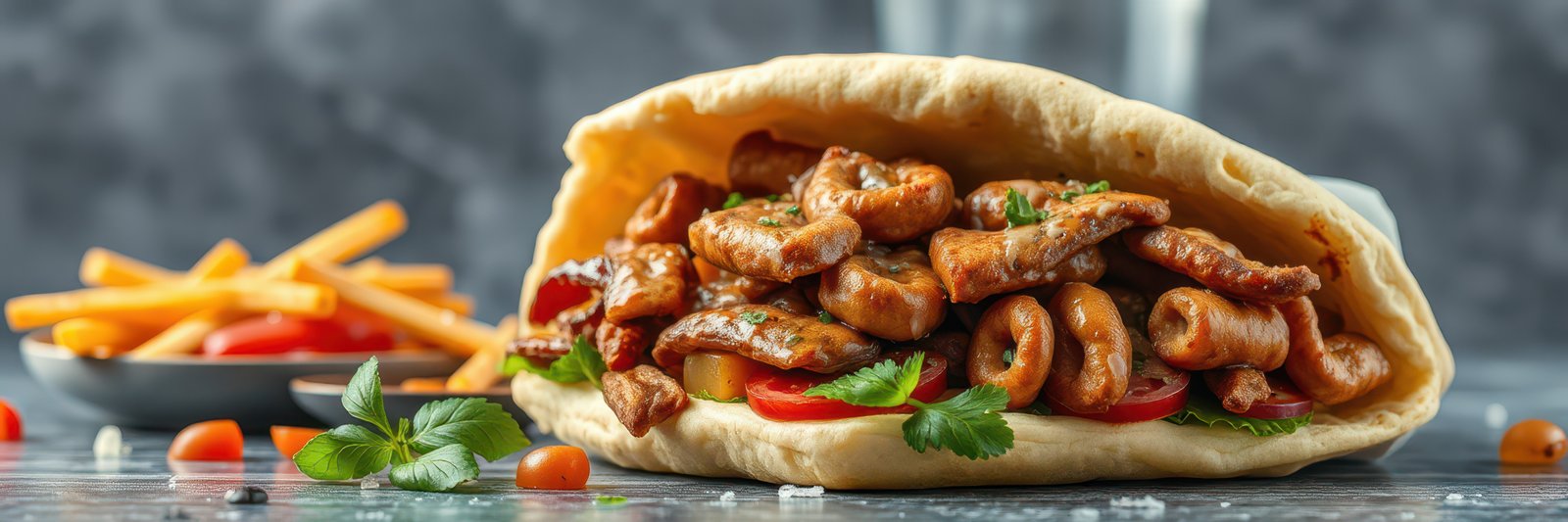 Savory grilled chicken wrap with fresh vegetables and side of golden fries served on a rustic table